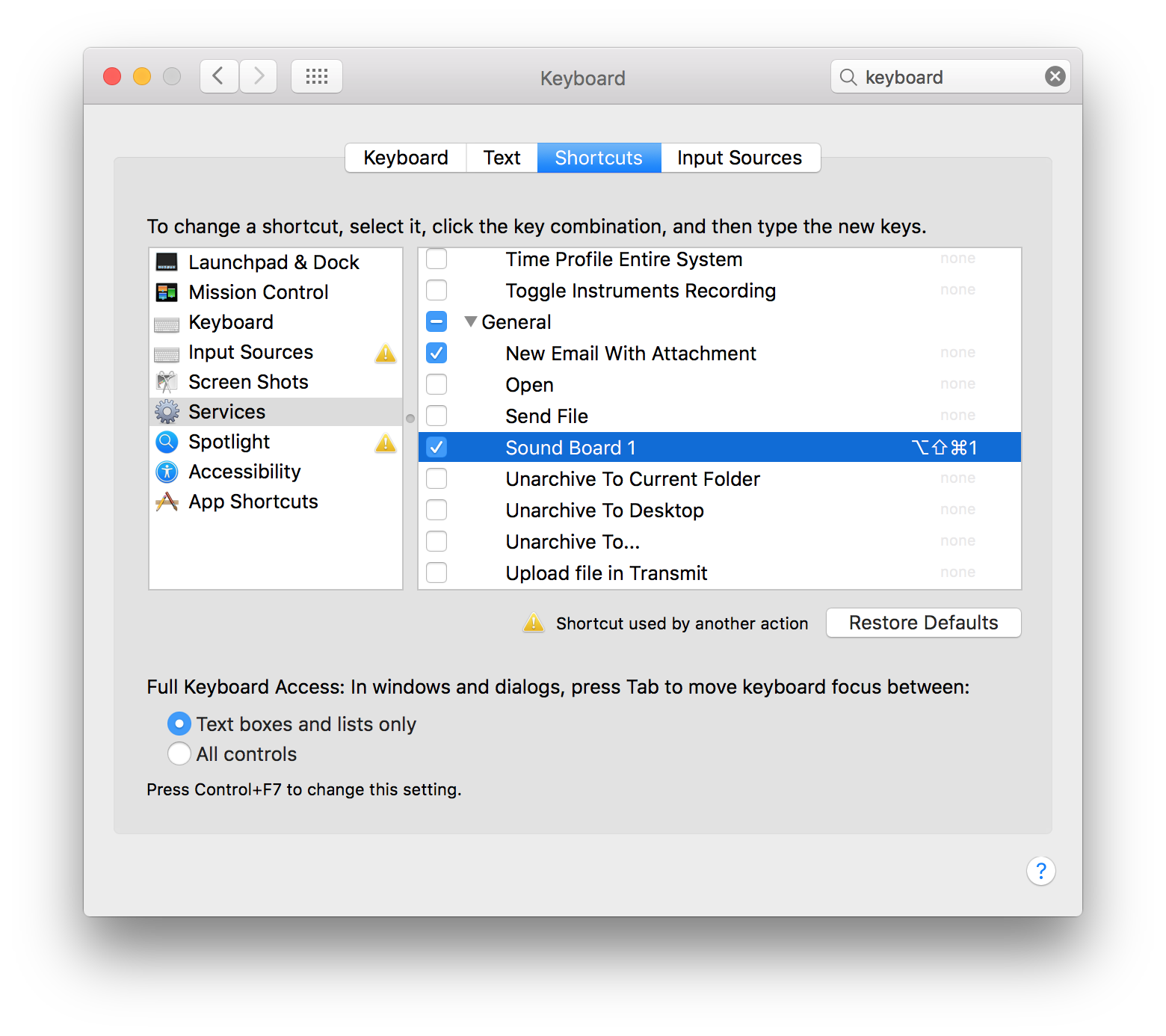 Keyboard system preference pane.